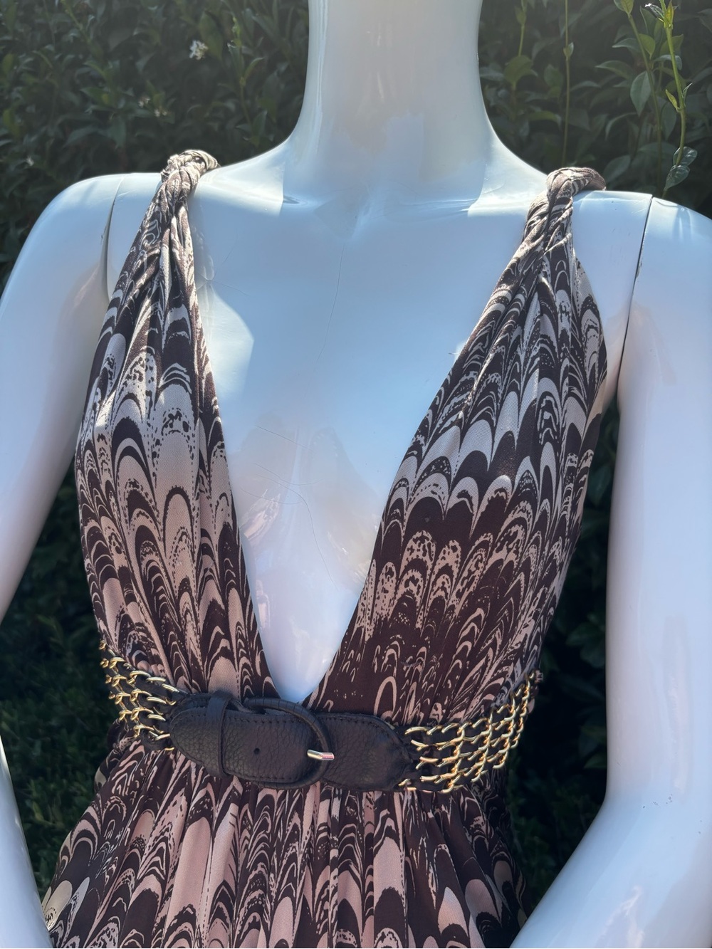 Y2K Silk Mini Brown and Cream Plunging V-Neck Dress with waist belt - Picture 11 of 11